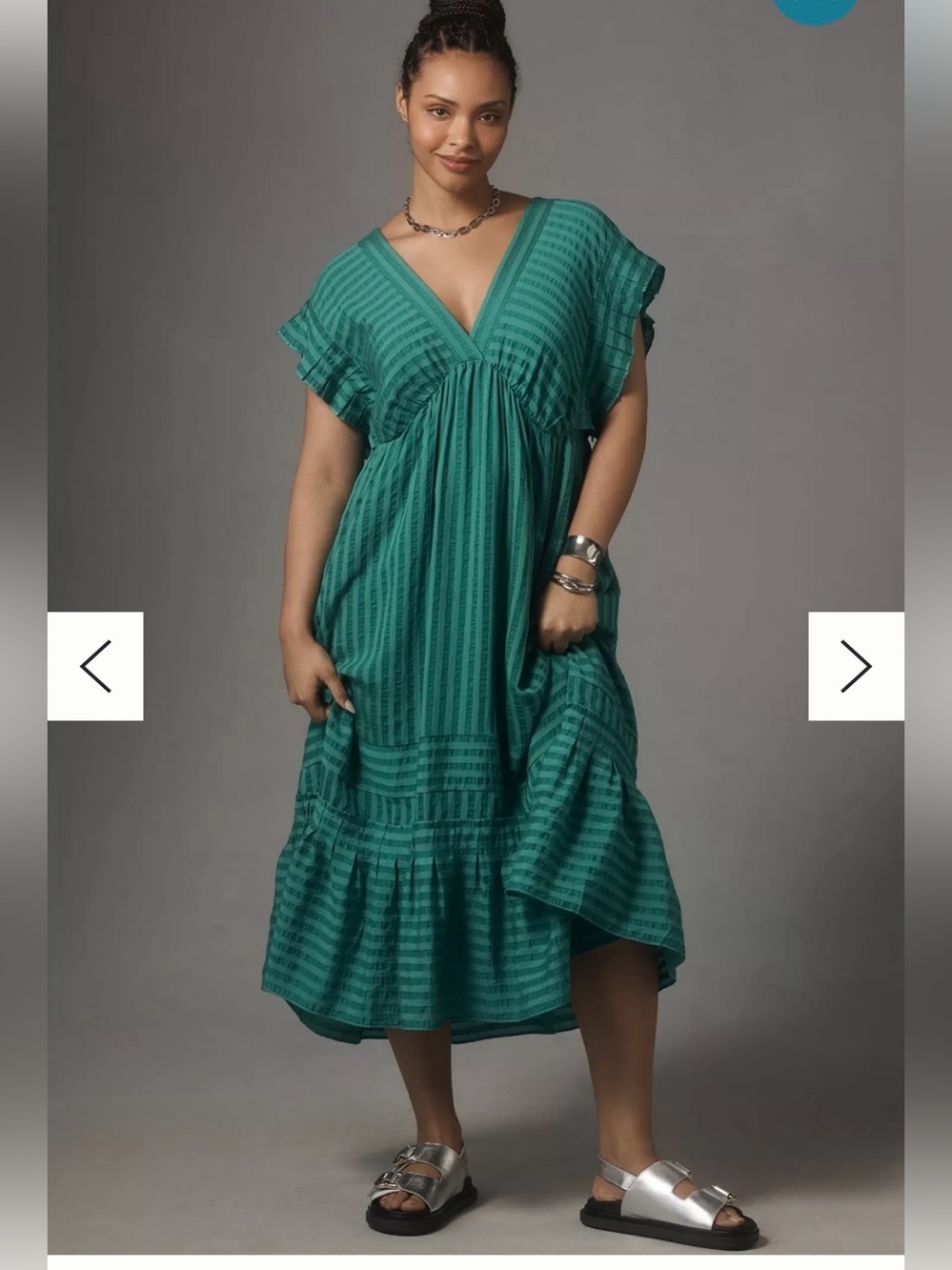 Anthropologie Teal Green V‑Neck Ruffle Midi Dress